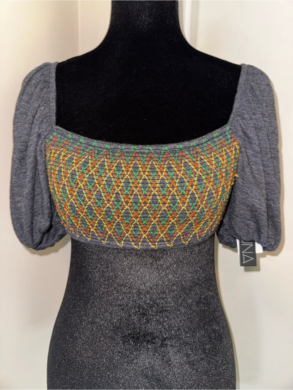 Soluna Swim Gray Smocked Puff-Sleeve Swim Top with Multicolor Stitching
